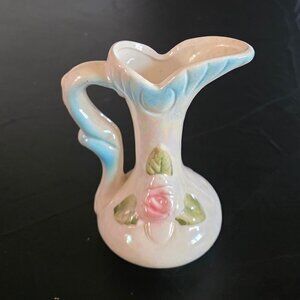 VINTAGE LUSTERWARE PITCHER Iridescent Blue/White Hues Rose Design